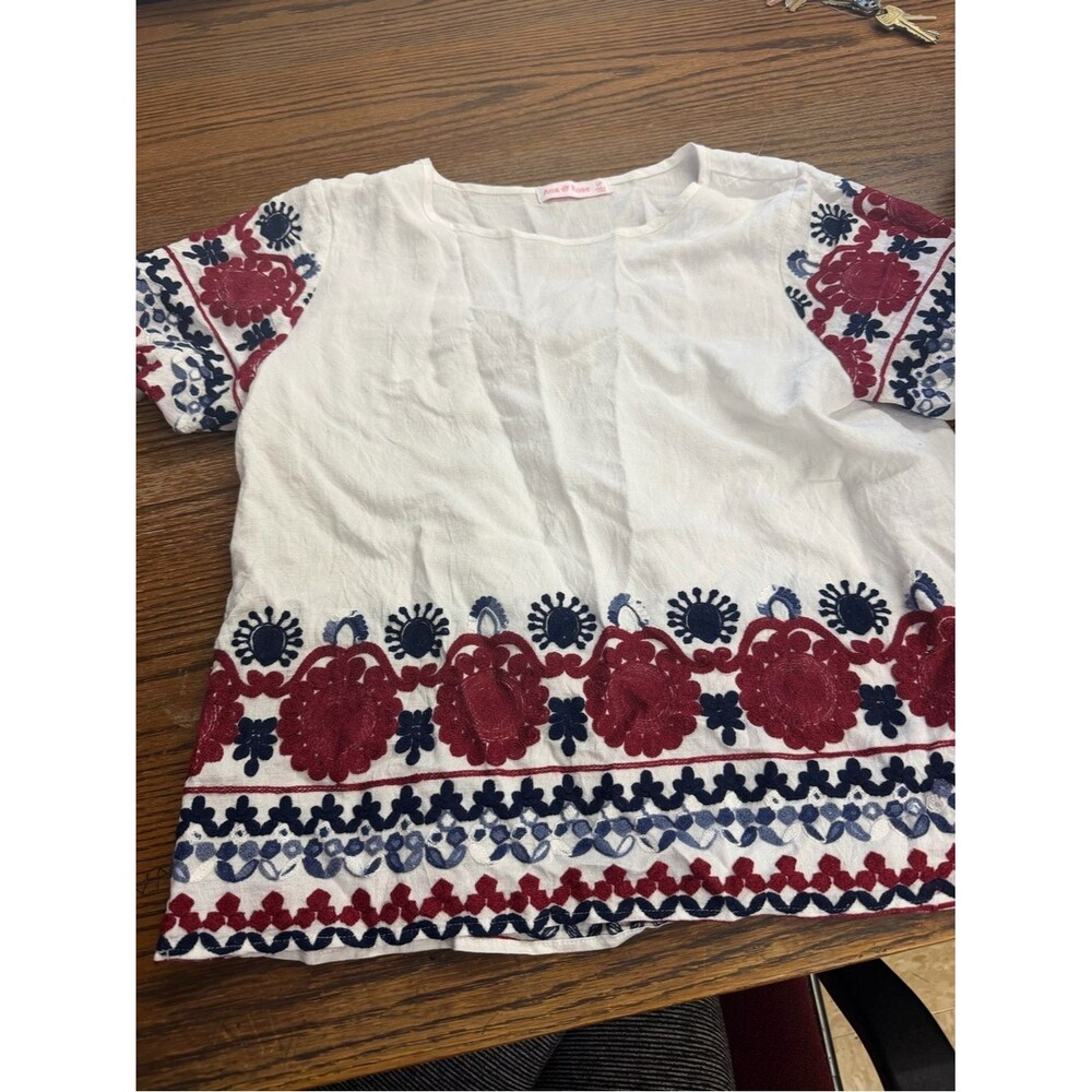 Women's White Embroidered Short-Sleeve Blouse with Red & Navy Floral Trim